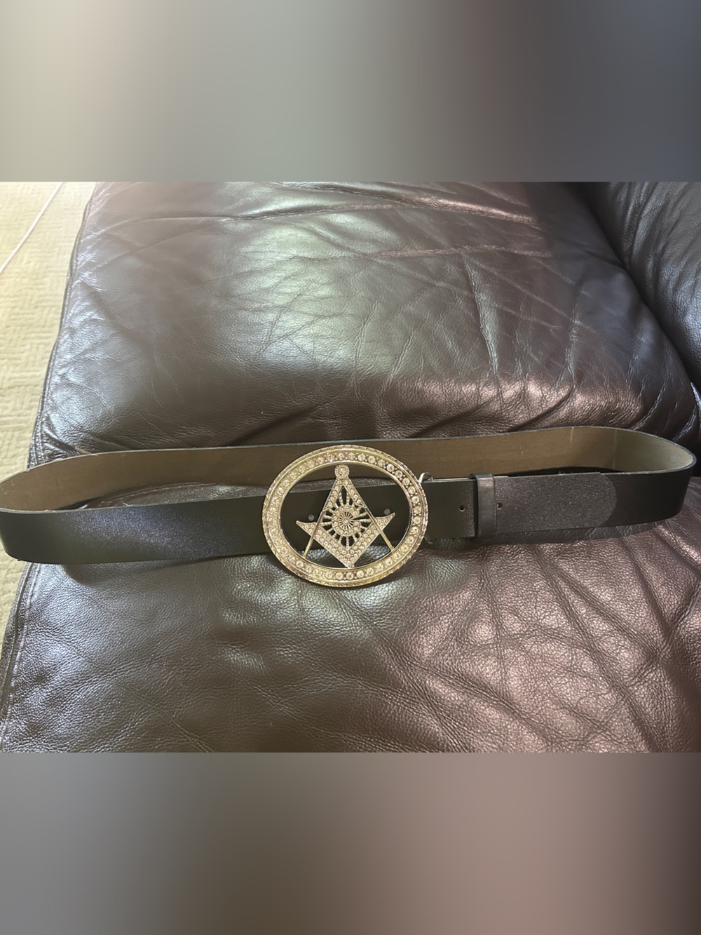 Black Leather Belt with Decorative Crystal-Trimmed Star Buckle
